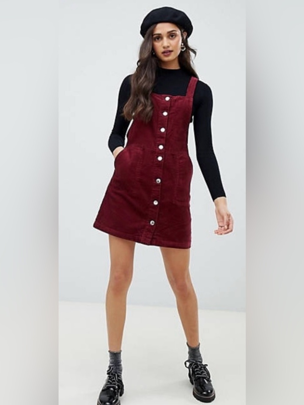 Miss Selfridge Corduroy Button Up Bib Overall Mini Dress Size 4 Burgundy